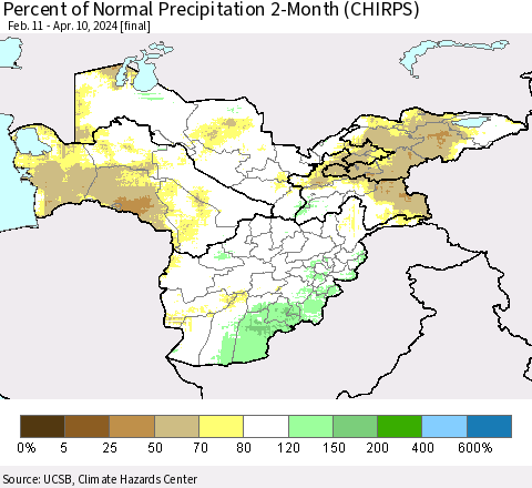 Central Asia Percent of Normal Precipitation 2-Month (CHIRPS) Thematic Map For 2/11/2024 - 4/10/2024