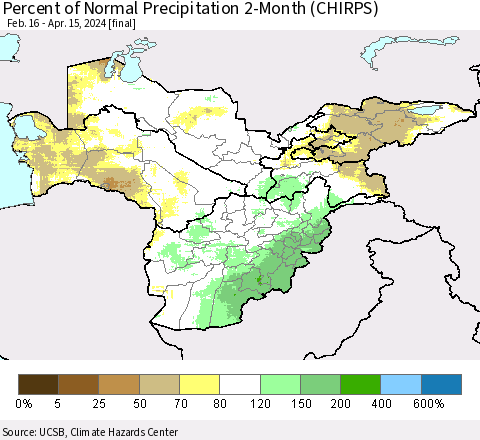 Central Asia Percent of Normal Precipitation 2-Month (CHIRPS) Thematic Map For 2/16/2024 - 4/15/2024