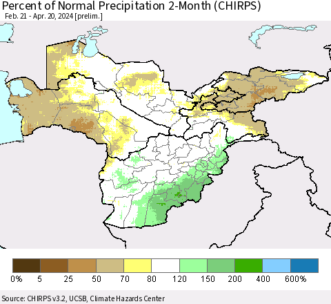 Central Asia Percent of Normal Precipitation 2-Month (CHIRPS) Thematic Map For 2/21/2024 - 4/20/2024