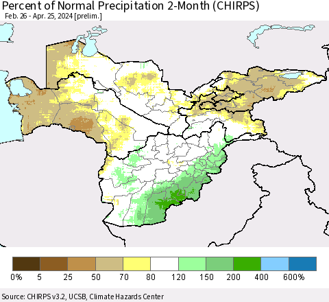 Central Asia Percent of Normal Precipitation 2-Month (CHIRPS) Thematic Map For 2/26/2024 - 4/25/2024