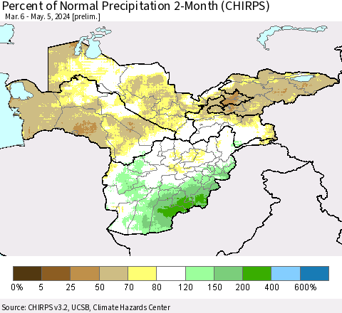 Central Asia Percent of Normal Precipitation 2-Month (CHIRPS) Thematic Map For 3/6/2024 - 5/5/2024