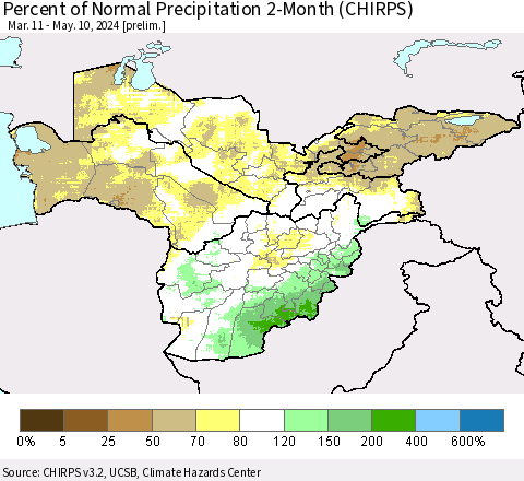 Central Asia Percent of Normal Precipitation 2-Month (CHIRPS) Thematic Map For 3/11/2024 - 5/10/2024