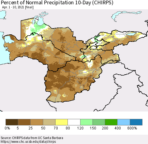 Central Asia Percent of Normal Precipitation 10-Day (CHIRPS) Thematic Map For 4/1/2021 - 4/10/2021
