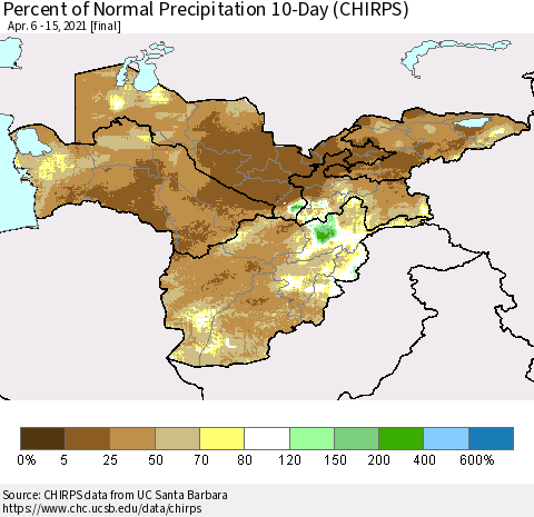 Central Asia Percent of Normal Precipitation 10-Day (CHIRPS) Thematic Map For 4/6/2021 - 4/15/2021