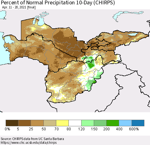 Central Asia Percent of Normal Precipitation 10-Day (CHIRPS) Thematic Map For 4/11/2021 - 4/20/2021