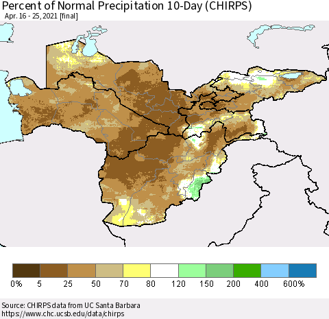 Central Asia Percent of Normal Precipitation 10-Day (CHIRPS) Thematic Map For 4/16/2021 - 4/25/2021