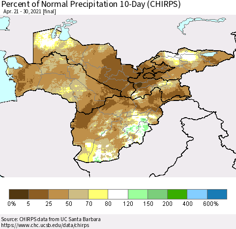 Central Asia Percent of Normal Precipitation 10-Day (CHIRPS) Thematic Map For 4/21/2021 - 4/30/2021