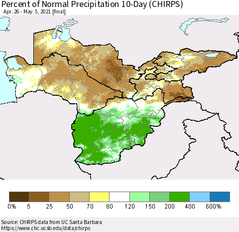 Central Asia Percent of Normal Precipitation 10-Day (CHIRPS) Thematic Map For 4/26/2021 - 5/5/2021
