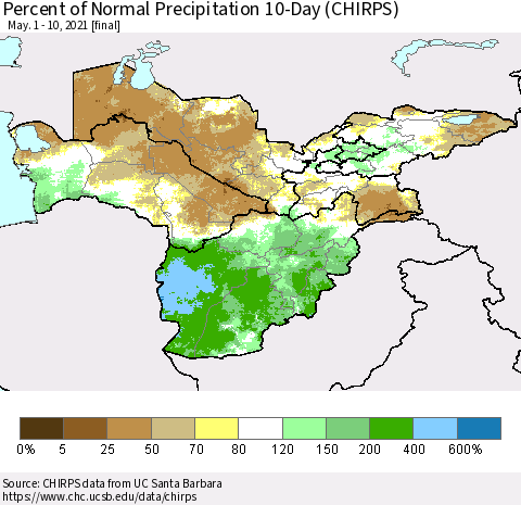 Central Asia Percent of Normal Precipitation 10-Day (CHIRPS) Thematic Map For 5/1/2021 - 5/10/2021