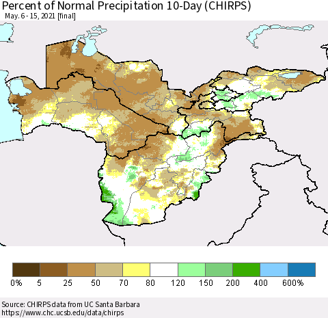 Central Asia Percent of Normal Precipitation 10-Day (CHIRPS) Thematic Map For 5/6/2021 - 5/15/2021