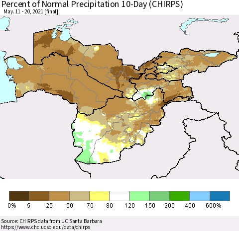 Central Asia Percent of Normal Precipitation 10-Day (CHIRPS) Thematic Map For 5/11/2021 - 5/20/2021