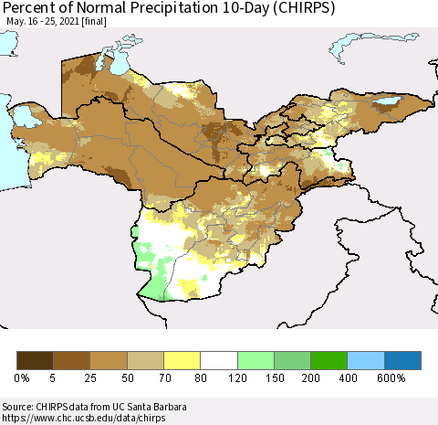 Central Asia Percent of Normal Precipitation 10-Day (CHIRPS) Thematic Map For 5/16/2021 - 5/25/2021