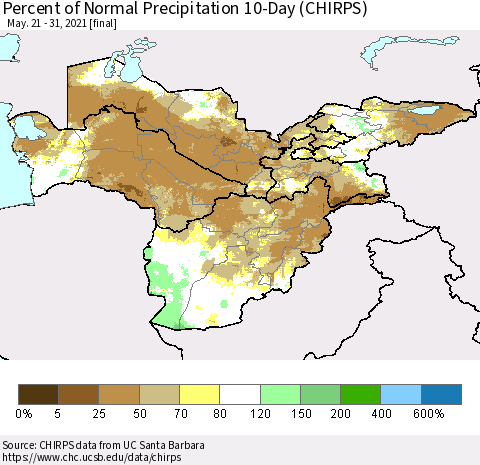 Central Asia Percent of Normal Precipitation 10-Day (CHIRPS) Thematic Map For 5/21/2021 - 5/31/2021