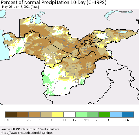 Central Asia Percent of Normal Precipitation 10-Day (CHIRPS) Thematic Map For 5/26/2021 - 6/5/2021