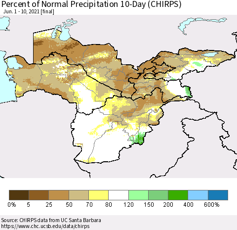 Central Asia Percent of Normal Precipitation 10-Day (CHIRPS) Thematic Map For 6/1/2021 - 6/10/2021