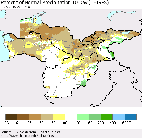 Central Asia Percent of Normal Precipitation 10-Day (CHIRPS) Thematic Map For 6/6/2021 - 6/15/2021