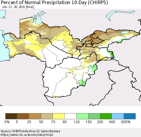 Central Asia Percent of Normal Precipitation 10-Day (CHIRPS) Thematic Map For 6/11/2021 - 6/20/2021