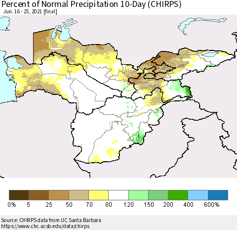 Central Asia Percent of Normal Precipitation 10-Day (CHIRPS) Thematic Map For 6/16/2021 - 6/25/2021