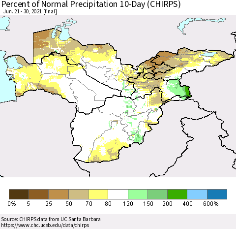 Central Asia Percent of Normal Precipitation 10-Day (CHIRPS) Thematic Map For 6/21/2021 - 6/30/2021