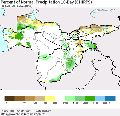 Central Asia Percent of Normal Precipitation 10-Day (CHIRPS) Thematic Map For 6/26/2021 - 7/5/2021