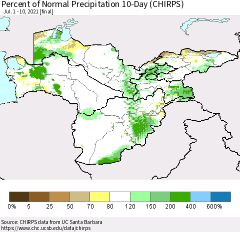 Central Asia Percent of Normal Precipitation 10-Day (CHIRPS) Thematic Map For 7/1/2021 - 7/10/2021