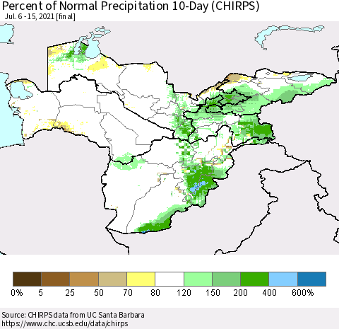 Central Asia Percent of Normal Precipitation 10-Day (CHIRPS) Thematic Map For 7/6/2021 - 7/15/2021
