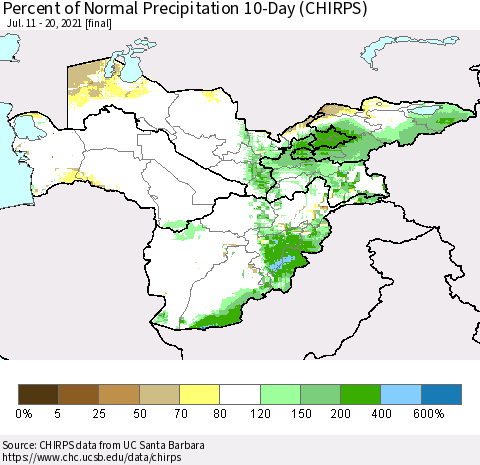 Central Asia Percent of Normal Precipitation 10-Day (CHIRPS) Thematic Map For 7/11/2021 - 7/20/2021