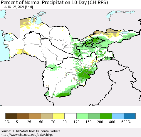 Central Asia Percent of Normal Precipitation 10-Day (CHIRPS) Thematic Map For 7/16/2021 - 7/25/2021