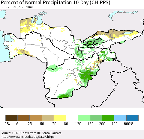 Central Asia Percent of Normal Precipitation 10-Day (CHIRPS) Thematic Map For 7/21/2021 - 7/31/2021