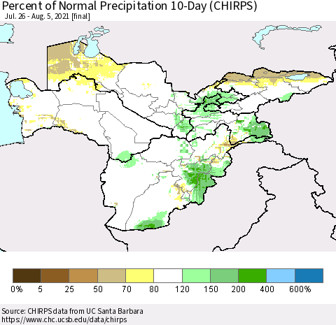 Central Asia Percent of Normal Precipitation 10-Day (CHIRPS) Thematic Map For 7/26/2021 - 8/5/2021