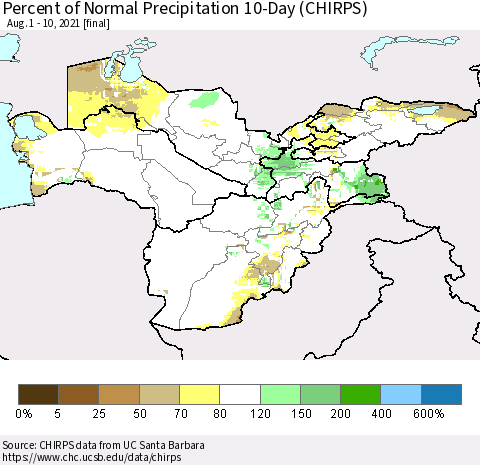 Central Asia Percent of Normal Precipitation 10-Day (CHIRPS) Thematic Map For 8/1/2021 - 8/10/2021
