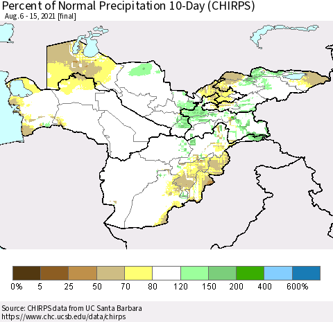 Central Asia Percent of Normal Precipitation 10-Day (CHIRPS) Thematic Map For 8/6/2021 - 8/15/2021