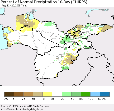 Central Asia Percent of Normal Precipitation 10-Day (CHIRPS) Thematic Map For 8/11/2021 - 8/20/2021