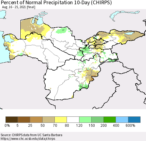 Central Asia Percent of Normal Precipitation 10-Day (CHIRPS) Thematic Map For 8/16/2021 - 8/25/2021