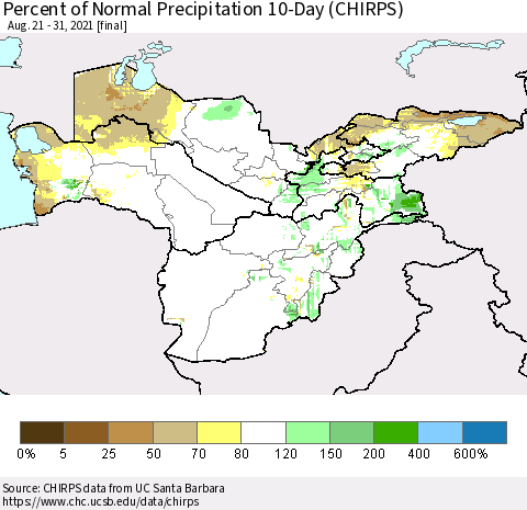 Central Asia Percent of Normal Precipitation 10-Day (CHIRPS) Thematic Map For 8/21/2021 - 8/31/2021