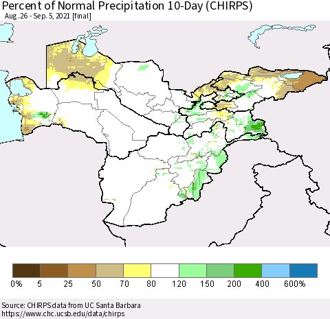 Central Asia Percent of Normal Precipitation 10-Day (CHIRPS) Thematic Map For 8/26/2021 - 9/5/2021