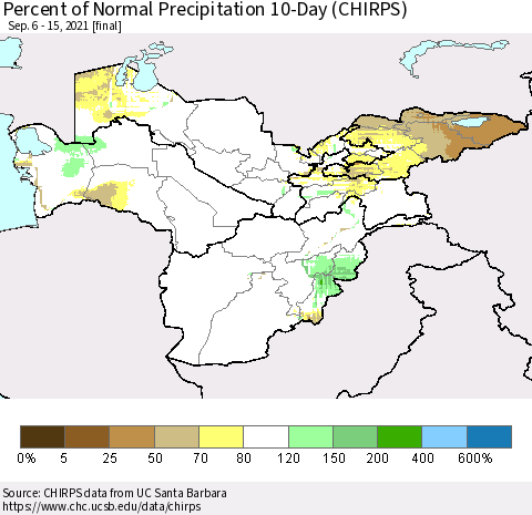 Central Asia Percent of Normal Precipitation 10-Day (CHIRPS) Thematic Map For 9/6/2021 - 9/15/2021