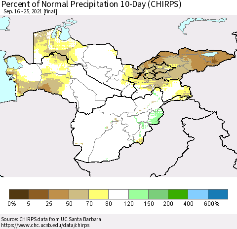 Central Asia Percent of Normal Precipitation 10-Day (CHIRPS) Thematic Map For 9/16/2021 - 9/25/2021