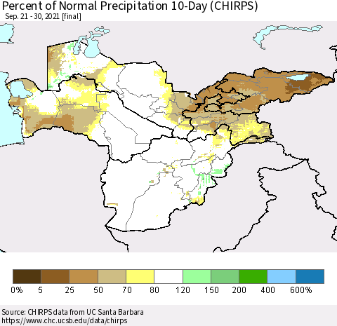 Central Asia Percent of Normal Precipitation 10-Day (CHIRPS) Thematic Map For 9/21/2021 - 9/30/2021