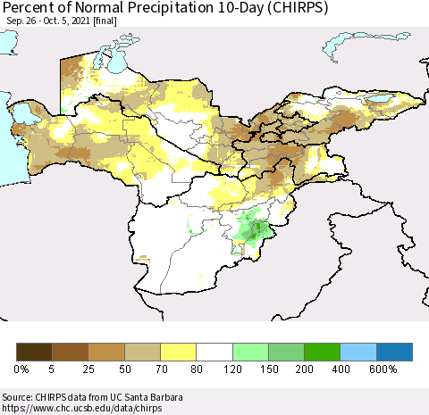 Central Asia Percent of Normal Precipitation 10-Day (CHIRPS) Thematic Map For 9/26/2021 - 10/5/2021
