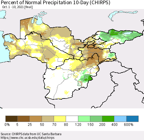 Central Asia Percent of Normal Precipitation 10-Day (CHIRPS) Thematic Map For 10/1/2021 - 10/10/2021