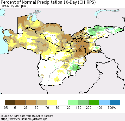 Central Asia Percent of Normal Precipitation 10-Day (CHIRPS) Thematic Map For 10/6/2021 - 10/15/2021