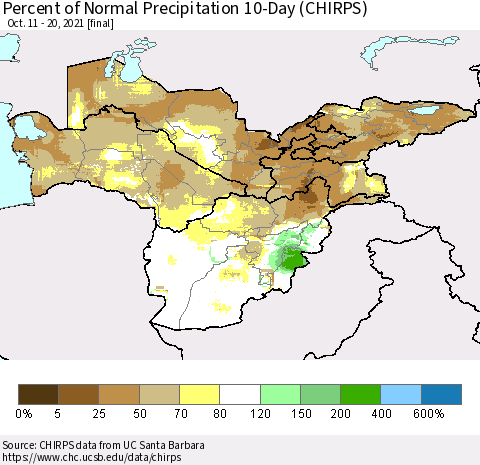 Central Asia Percent of Normal Precipitation 10-Day (CHIRPS) Thematic Map For 10/11/2021 - 10/20/2021