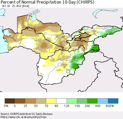 Central Asia Percent of Normal Precipitation 10-Day (CHIRPS) Thematic Map For 10/16/2021 - 10/25/2021