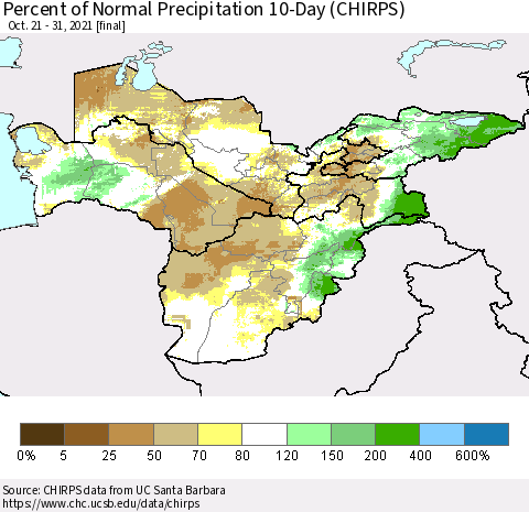 Central Asia Percent of Normal Precipitation 10-Day (CHIRPS) Thematic Map For 10/21/2021 - 10/31/2021