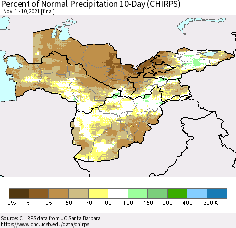 Central Asia Percent of Normal Precipitation 10-Day (CHIRPS) Thematic Map For 11/1/2021 - 11/10/2021
