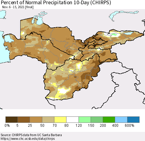 Central Asia Percent of Normal Precipitation 10-Day (CHIRPS) Thematic Map For 11/6/2021 - 11/15/2021