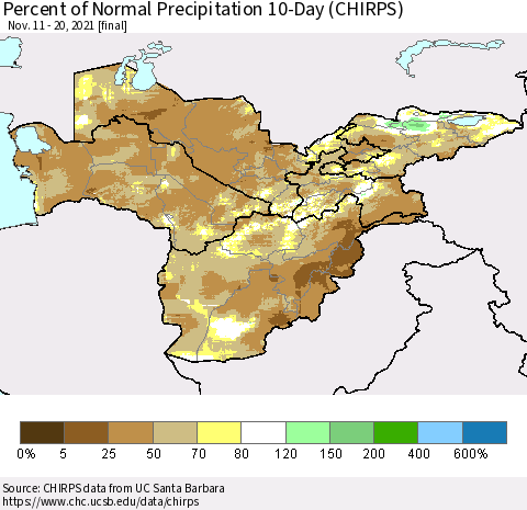 Central Asia Percent of Normal Precipitation 10-Day (CHIRPS) Thematic Map For 11/11/2021 - 11/20/2021