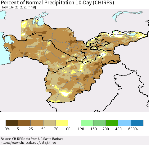 Central Asia Percent of Normal Precipitation 10-Day (CHIRPS) Thematic Map For 11/16/2021 - 11/25/2021