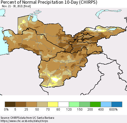 Central Asia Percent of Normal Precipitation 10-Day (CHIRPS) Thematic Map For 11/21/2021 - 11/30/2021